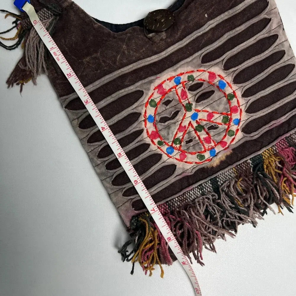Boho Peace Sign Sling Crossbody Bag Purse Zip Top Lined Fringe Festival